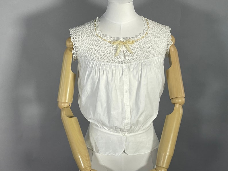 Antique Victorian Edwardian Camisole, Hand Crochet Corset Cover , White Cotton Top , Vintage Lingerie XS image 10