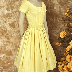 Vintage 1950s Butter Yellow Dotted Swiss Dress and Belt XS, Full Skirt and Flare Sundress, Rockabilly 50s Summer Casual Day Retro Dress, VFG