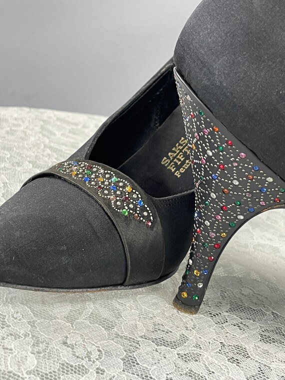 1960s Black Shoes With Multi Color Rhinestone Heels, Vintage 1960s Black Shoes With Multi Color Rhinestone Heels, Vintage