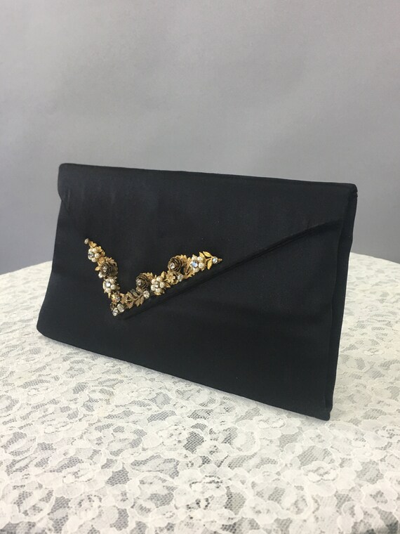 1940s / 50s Black Satin Clutch, Vintage Envelope … - image 5