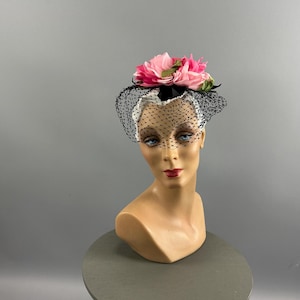 1950s/50s Whimsy Hat,Vintage Pink Rose Fascinator, Black Birdcage Veil Half Hat,Cocktail Hat,Tea Garden Party, Wedding Statement Hat, VFG