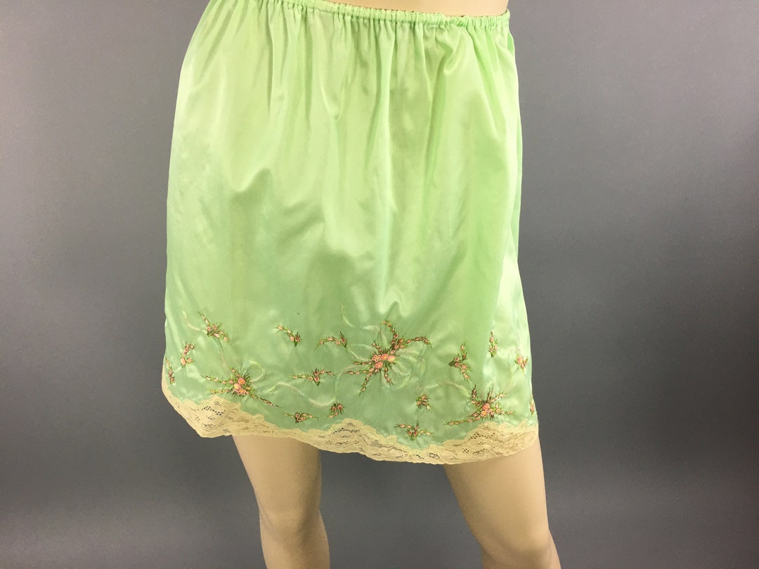 Vintage 1960s Embroidered Half Slip Green Silk Lace Trim Mini Etsy
