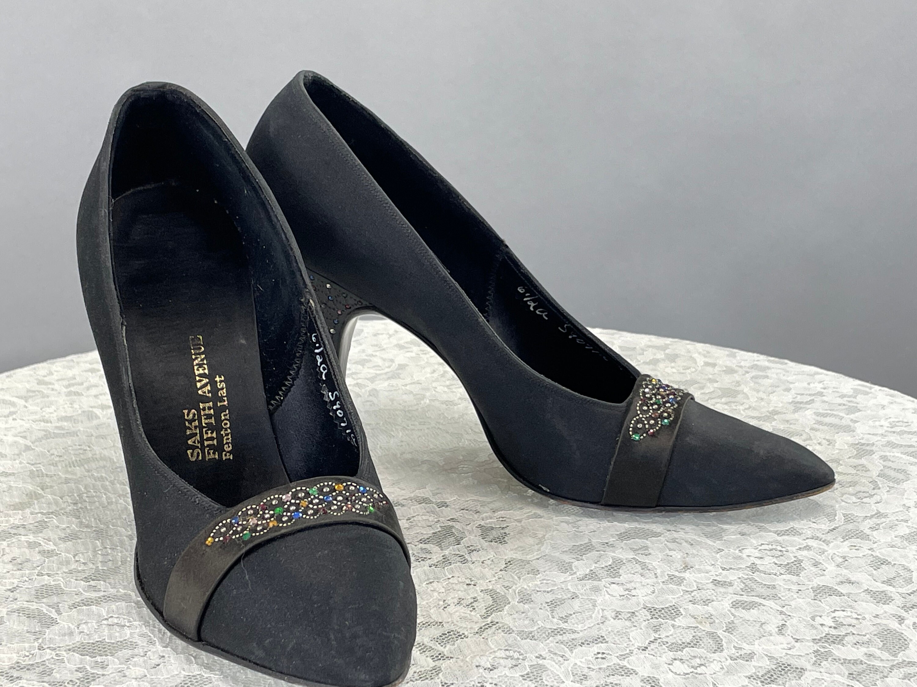 1960s Black Shoes With Multi Color Rhinestone Heels, Vintage 1960s Black Shoes With Multi Color Rhinestone Heels, Vintage