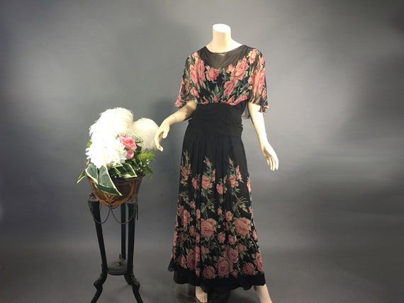 1930s Floral Print Chiffon Evening Dress, Vintage… - image 1