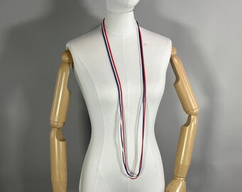 1960s Very Long Red White Blue Necklace, Vintage Multi Strand Plastic Bead Necklace, Patriotic Jewelry VFG