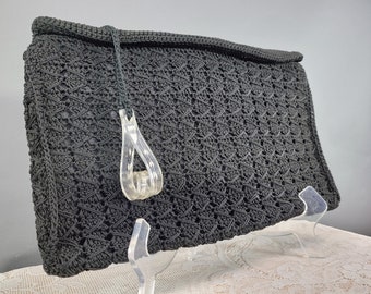 1940s Corde Black Envelope Clutch, Vintage Metal Zipper Knit Decorative Lucite Handle Purse, WWII Handbag