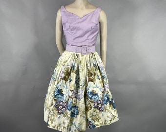 1950s JUNIOR HOUSE Floral Quilted Dress Set, XS Lavender Cotton Rhinestone Full Skirt Cottagecore