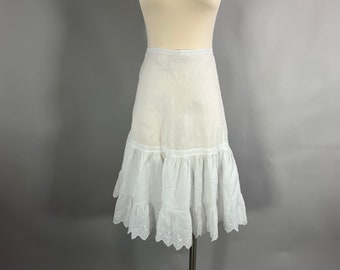 Antique Short Bustle Petticoat, Victorian Edwardian White Cotton Ayrshire Embroidered Slip, Adjustable Tie Waist up to 39 VFG