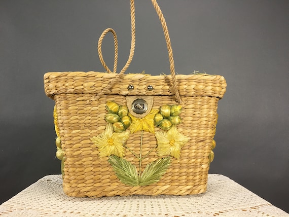 Vintage Straw Floral Handbag, 1950s 60s Top Handl