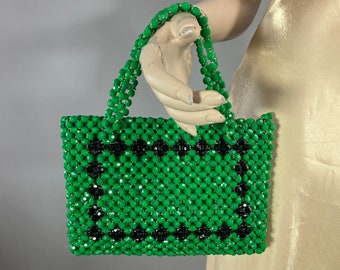 60s Kelly Green Black Faceted Bead Purse, Vintage Top Handle Handbag, Mod 1960s Day Purse, VFG