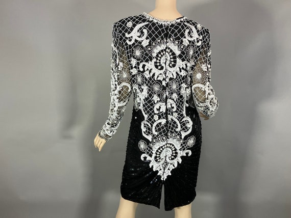 Vintage 1980's Silk White and Black Beaded Dress,… - image 3