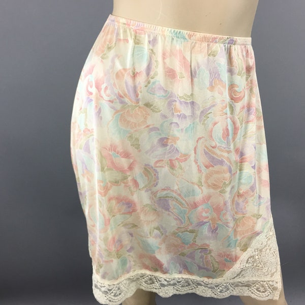 Small Pastel Floral Half Slip, Vintage 60s - 70s Nylon with Lace Trim Above Knee Slip Lingerie Small, VFG