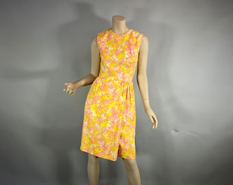 Vintage 1950'S 1960'S Pastel Floral Print Wiggle Dress,Nylon Sleeveless Pencil Skirt Day Dress,  Medium Waist 26.5 Wedding Guest Office VFG