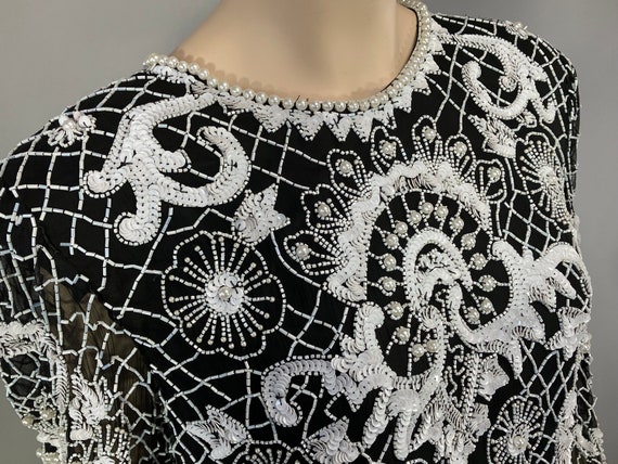 Vintage 1980's Silk White and Black Beaded Dress,… - image 2