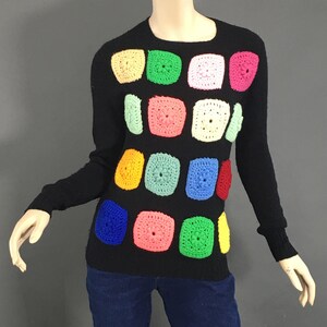 1970s Multi Color Granny Square Sweater, Size S Vintage Black Grannycore Pullover Jumper Sweater image 6