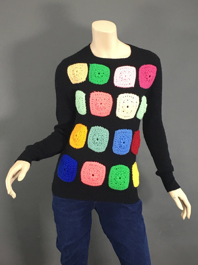 1970s Multi Color Granny Square Sweater, Size S Vintage Black Grannycore Pullover Jumper Sweater image 6