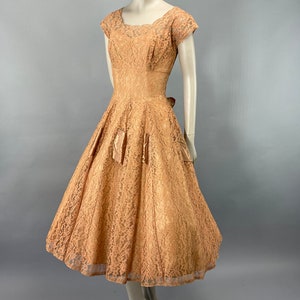 1950s Peach Floral Lace Sequins Party Dress, XS Cupcake Tulle Full Skirt Large Bow, Prom Alt Wedding Elopement Reception Dress, VFG image 5