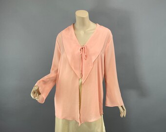 80's Victoria's Secret Gold Label Top L, Vintage Sheer Peach Chiffon Layered Bed Jacket Short Robe,  Angel Sleeve Romantic Cover Up VFG