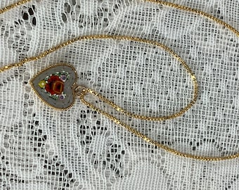 Vintage 1930s Heart Necklace, 30s Millefiori Mosaic Floral Pendent. Mini Mosaic Romantic 14KT Italy Gold Chain and Pendant, VFG