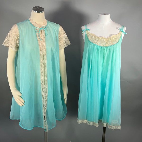 60s Peignoir Set, Vintage Aqua Ecru Chiffon Babydoll 2 Piece Set, 1960s Nightie and Robe by  Flaire Lingerie M/L, Pin Up Burlesque Wedding