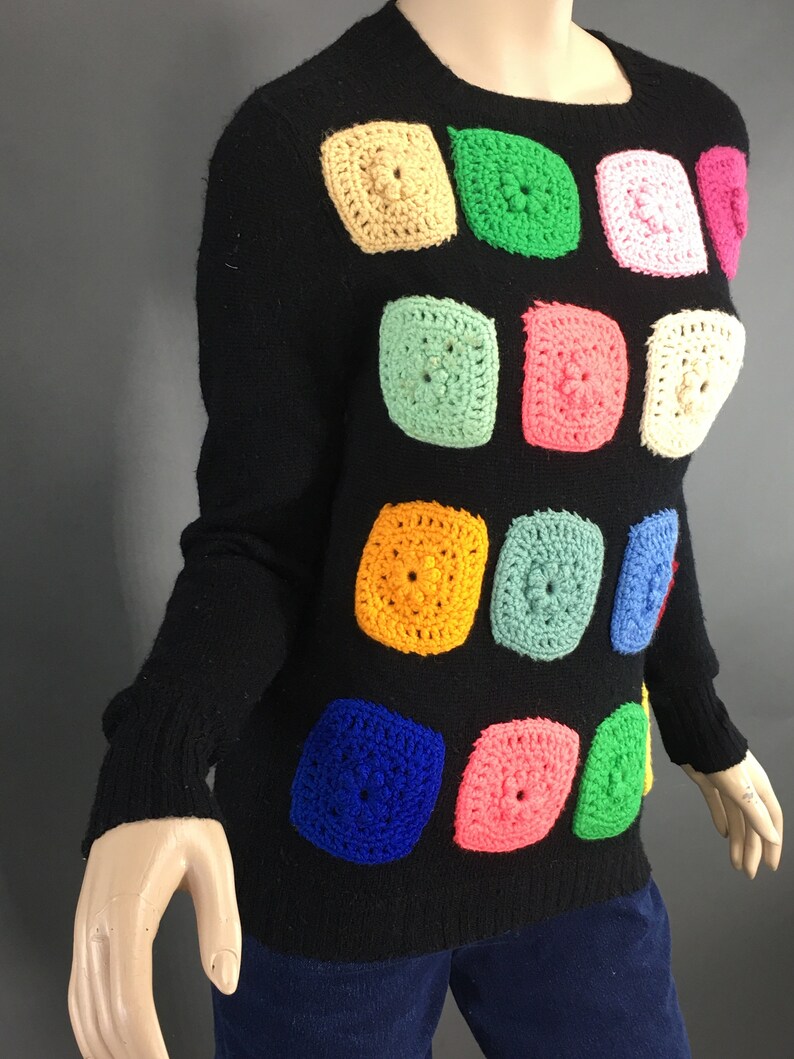 1970s Multi Color Granny Square Sweater, Size S Vintage Black Grannycore Pullover Jumper Sweater image 7