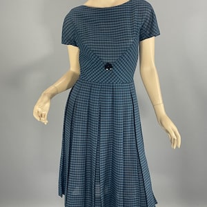 1950s 60s Jerry Gilden Blue Black Cotton Check Dress XS, Vintage Pleated Fit & Flare Day Dress  VFG Vintage Office Casual Midi Chic Dress