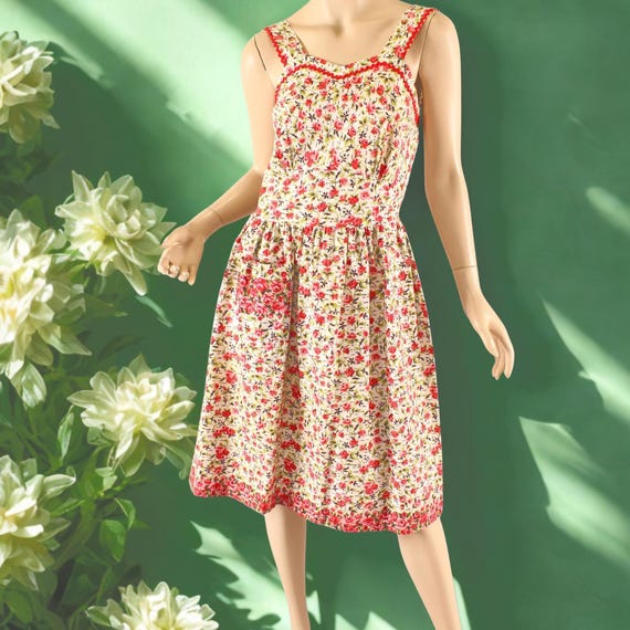 1950s Rose Print Sundress | Cotton Fit & Flare Dress W/ Full Pockets | Ric  Rac Trim | Cottagecore Pin-up Retro Garden Dress | VFG Medium - Etsy Israel