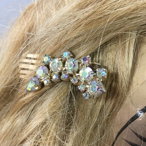 Vintage 1950s 60s AB Rhinestone Hair Clips | Set Of 2 Gold Tone Mid Century Barrettes | Aurora Borealis Sparkle | Retro Hair Accessories VFG