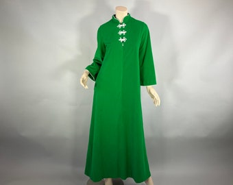 1970s DAVID BROWN Green Velour Robe S/M, Glam Hostess Gown Zip Front Kaftan 70s Boho Loungewear