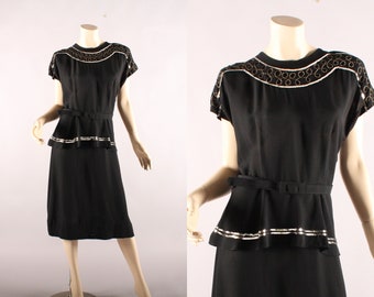 1940s Black Sequin Peplum Dress, XL Vintage Rayon Belted 40s  Volup  Pinup Dress, Film Noir VFG