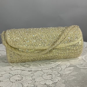Vintage 1960s Beaded Walborg Purse,Oblong Barrel Ivory Sequin Evening Bag, Wedding Handbag