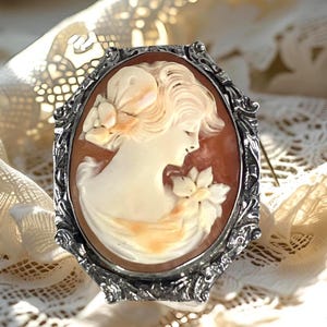 1920s Vintage Cameo Brooch Art Deco Jewelry Sterling Silver Shell Elegant Peach Ivory Pin Hand Carved Goddess Flora Wedding Antique Gift VFG
