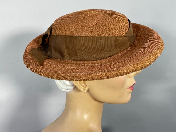 1940s Straw Hat, Vintage Mocha Brown Boater Hat, … - image 3