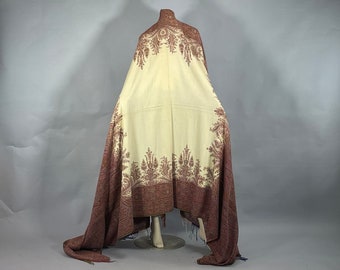 19th Century Paisley Shawl, Antique Ivory Wool Woven Tapestry Wrap Throw Blanket 1800s Textile VFG