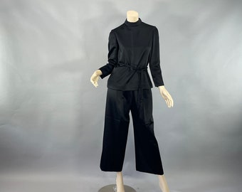 Vintage 1970"s LARRY ALDRICH Pantsuit, Black Satin Poly Pant Set, Tunic Top Wide Leg Braided Belt, Mod  DEvening 2 Piece Outfit Medium,VFG