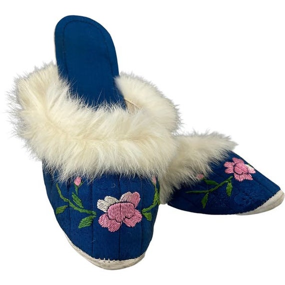 1940s Blue Silk Slippers, Vintage Asian Pink Embr… - image 1