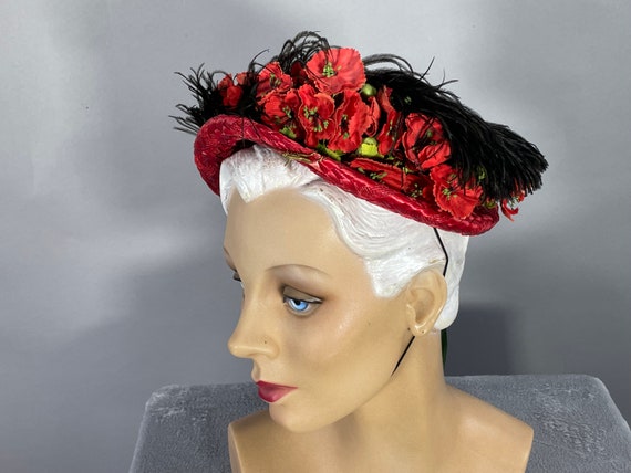 Vintage 1940s 50s Red Straw Hat, Red Floral  Prof… - image 2