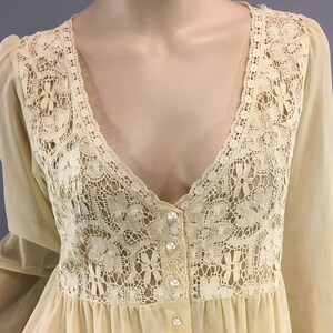 May include: A cream-coloured vintage nightgown with a V-neck and long sleeves. The bodice has detailed lace, with pearl-like buttons down the front. The sheer fabric drapes from the waist, creating a flowing silhouette.