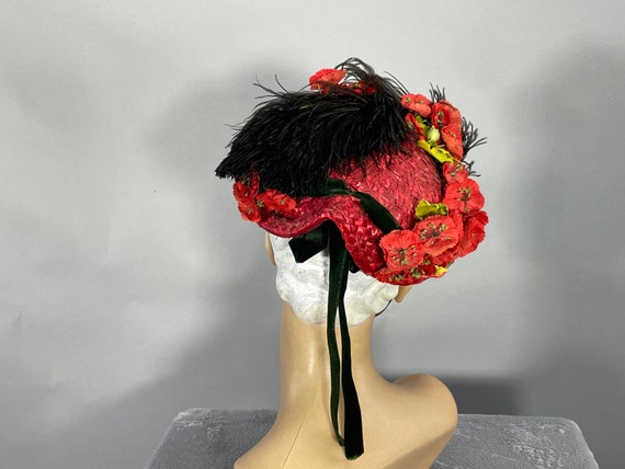 Vintage 1940s 50s Red Straw Hat, Red Floral  Prof… - image 4