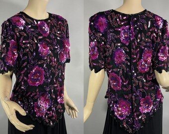 Vintage 1980s Laurence Kazar, Black Silk and Purple Beaded Evening Top,Formal Blouse, Large, VFG