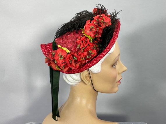 Vintage 1940s 50s Red Straw Hat, Red Floral  Prof… - image 3