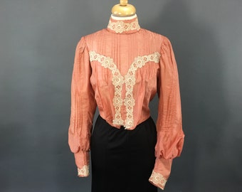 1800s Peach Cotton Blouse, Authentic Antique 1880s 1890s Lace Trim Bodice, Pintucking Balloon Sleeves Size S