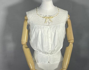 Antique Victorian Edwardian Camisole, Hand Crochet Corset Cover , White Cotton Top , Vintage Lingerie XS