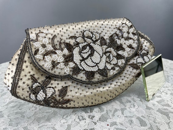 1930s Beaded Clutch, Vintage White Satin Silver B… - image 2