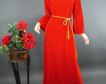 Vintage 1960"s Tomato Red Velour Maxi Dress, M/L Hostess Dress with Gold Rope Belt by Loll Ease, Cowl Neck Loungewear Robe, VFG