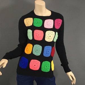 1970s Multi Color Granny Square Sweater, Size S Vintage Black Grannycore Pullover Jumper Sweater image 1