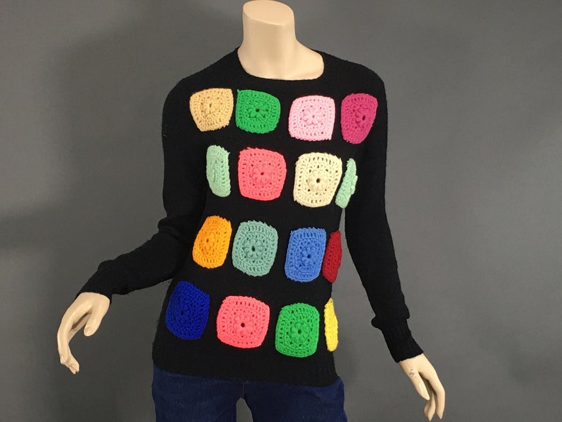 1970s Multi Color Granny Square Sweater, Size S Vintage Black Grannycore Pullover Jumper Sweater image 1