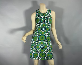 Vintage 60s Sundress,1960s Paisley Shift Linen Green and Blue Mod Sheath Day Dress XS