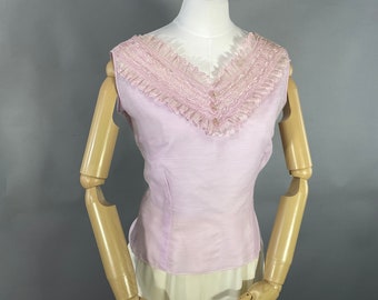 1950s Sheer Nylon Blouse S/M, Vintage Lavender Ruffle Rhinestone Romantic Summer Top Blouse Button Back VFG