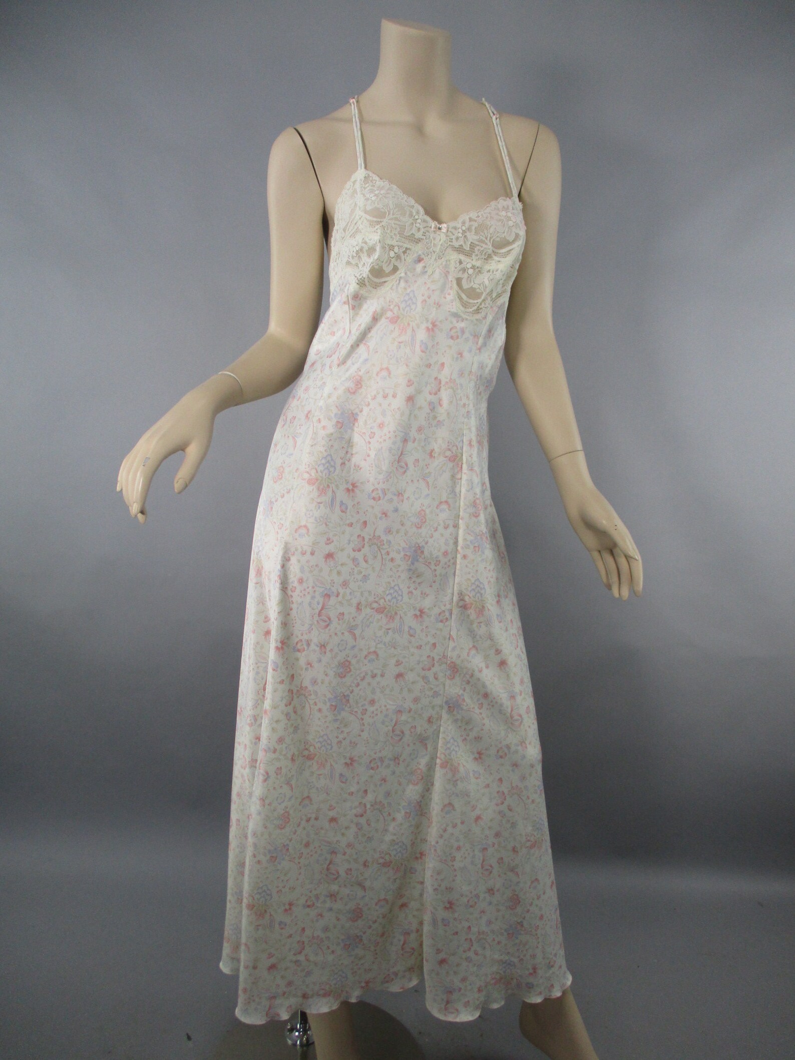 1980s Olga Floral Nightgown Vintage Size M Satin Lace Long Etsy